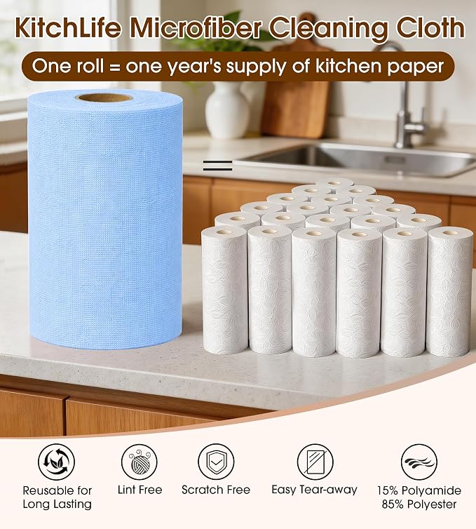 KitchLife Microfiber Cleaning Cloth Roll, 100 Pack - Tear-Away Microfiber Paper Towels, Lint-Free, Reusable, Washable for Kitchen, Car, Dishes, and Sensitive Surfaces (Blue)