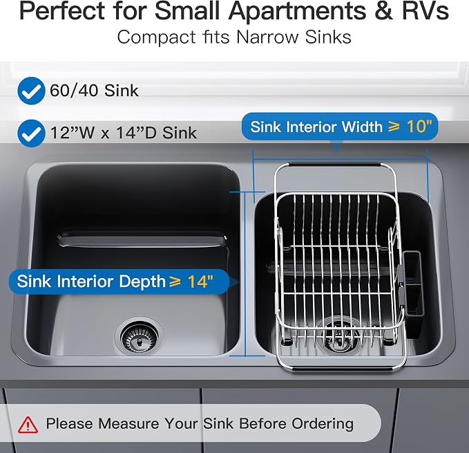 Apartment RV Small Dish Drainer Drying Rack Over The Sink In Stainless Steel for Narrow Kitchen, Counter Space Saving Compact Expandable Metal Dish Dryer Strainer, Adjustable Hanging Wire Drain Holder