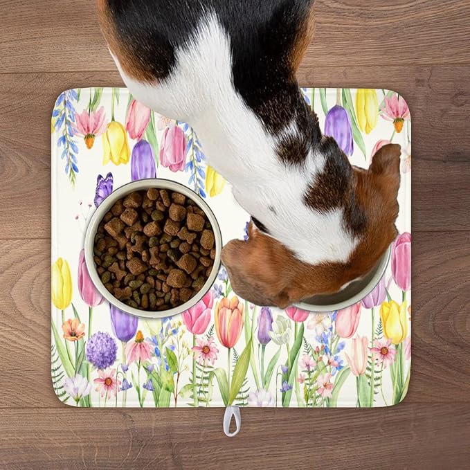 Spring Floral Dish Drying Mat for Kitchen Counter Easter Tulip Lavender Flower Microfiber Dish Drainer Mat Rustic Farmhouse Absorbent Washable Drying Pad 16"x18"