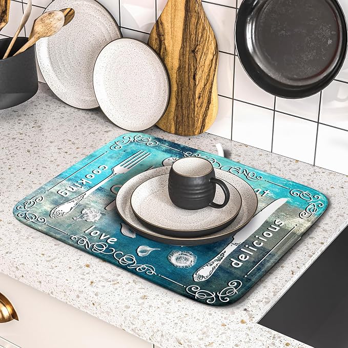 Blue Grey Dish Drying Mat 16x18 Inch Cooking Delicious Absorbent Drying Pad Heat Resistant Dish Drainer Mats for Kitchen Countertop
