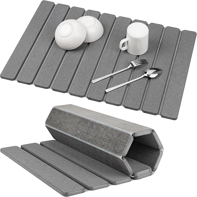 Stone Drying Mat for Kitchen Counter, 24"x16" Large Dark Gray Foldable Diatomaceous Earth Mat, Quick-Dry Super Absorbent Stone Dish Drying Mat for Dishes Bottles Cups