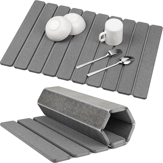 Stone Drying Mat for Kitchen Counter, 24"x16" Large Dark Gray Foldable Diatomaceous Earth Mat, Quick-Dry Super Absorbent Stone Dish Drying Mat for Dishes Bottles Cups