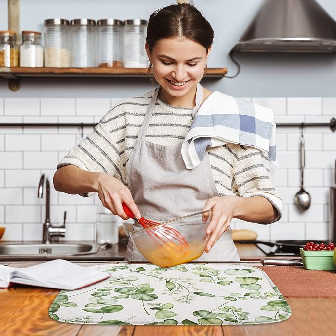 Sanwarm Absorbent Dish Drying Mat, Vintage Summer Eucalyptus Leaves Flower Microfiber Pad for Kitchen Counter, Coffee Bar Decor, Heat Resistant and Reversible, 18" x 24"