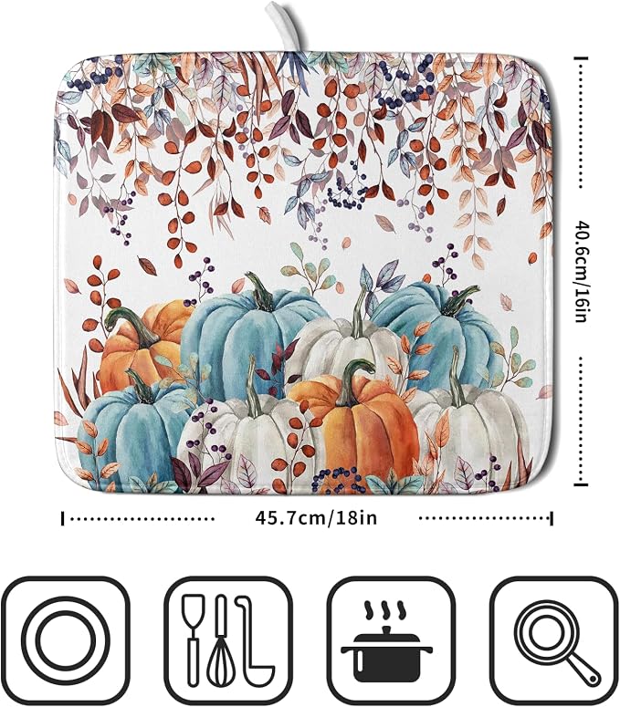 Giwawa Fall Orange Pumpkin Dish Drying Mat Eucalyptus Leaves Drainer Rack Pad 16"x18" Microfiber Quick Dry Dish Sink Mat for Kitchen Counter Decor