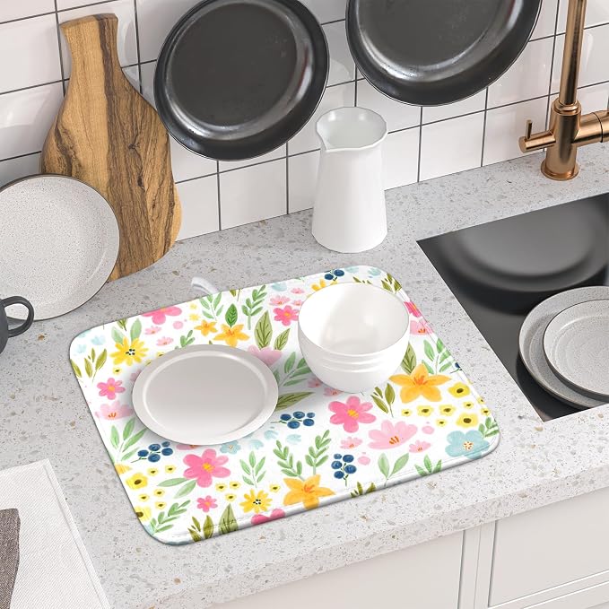 Spring Dish Drying Mat for Kitchen Counter Cute Floral Summer Holiday Microfiber Absorbent Dish Draining Reusable Washable Foldable 16"x18"