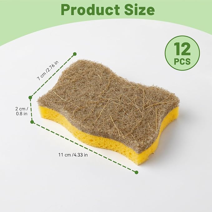LILAC 12 Pack Natural Cellulose Sponges for Dishes - Non-Scratch Kitchen Scrub Sponges - 100% Biodegradable & Eco-Friendly Cleaning Sponges for Non-Stick Cookware, Bathroom & Household（Yellow）