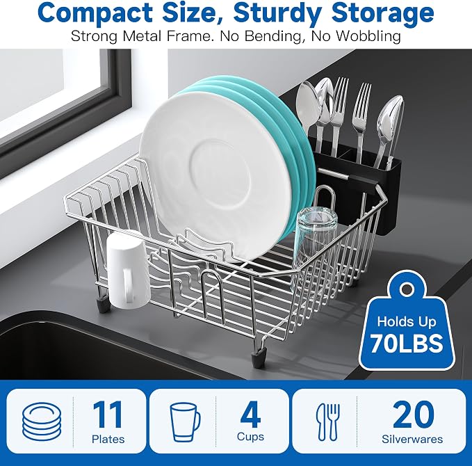 JASIWAY in Sink Dish Drying Rack, Stainless Steel Small Dish Drainer | Perfect Fit 12"x14" Double Bowl Sink, Counter Space Saving for Kitchen, Apartment, Sturdy Dish Dryer with Utensil Holder