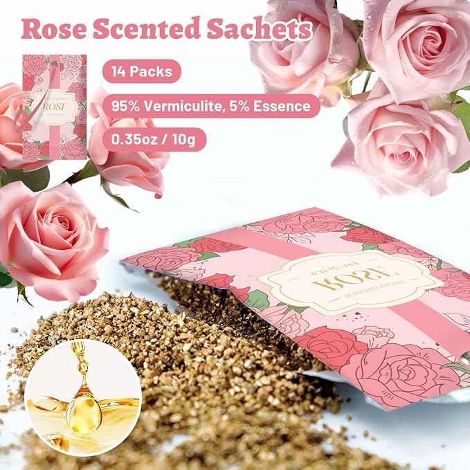 STRN Scented Sachets for Drawer and Closet, Rose Scent 14 Pack for Home | Long-Lasting Sachets, Small Space Air Freshener for Wardrobes