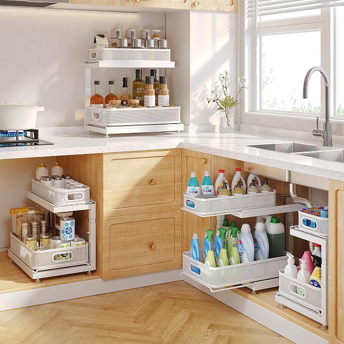 2-Pack Under Sink Storage Organizer with 2-Tier Slide Out Drawer, Sophisticated Mesh Pull Out Shelf for Kitchen & Bathroom, Fits Small Items, Upgraded Arched Track for Smooth Gliding(Patented)