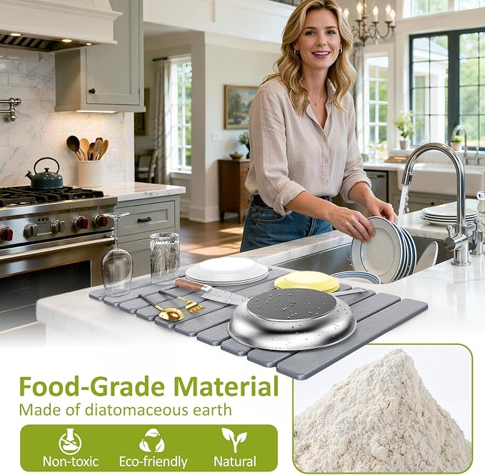 Large Stone Dish Drying Mat for Kitchen Counter, 24"(L)×16"(W), Collapsible Quick Dry Stone Dish Mats, Super Absorbent Diatomaceous Earth Drying Pad for Dishes Bottles Cups, Countertops (Light Grey)