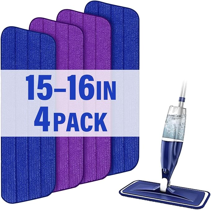 16.5" Microfiber Mop Pads Refills, 4 Pack Reusable Replacement Heads | reusable wet mop refills, machine washable for 14-16 inch spray mops, hardwood floors, dust cleaning & scrubbing
