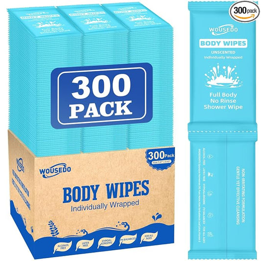 300 Pcs Ultra Thick Soft Large Body Wipes Individually Wrapped(7.87" x 9.45"),Shower Wipes for Adults Bathing No Rinse,Personal Cleansing Wipes for Travel Gym,Bulk Deodorant for Homeless(Blue)