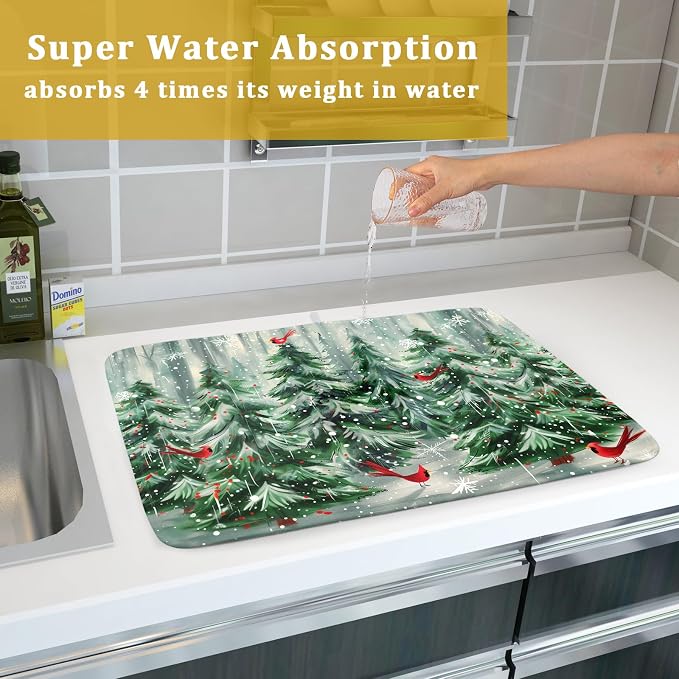 Winter Pine Tree Dish Drying Mat Red Bird Berry Dishes Drainer Mats Absorbent Microfiber Kitchen Counter Protector Drying Mats 18x24 Inch