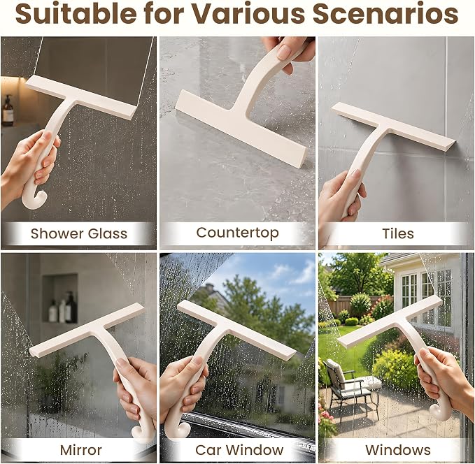 10 Inch Silicone Shower Squeegee for Glass Doors, Streak-Free, White | No-Squeak Silicone Blade, Ergonomic Round Grip and Built-In Hook for Quick Daily Cleaning of Shower Glass, Tile and Windows