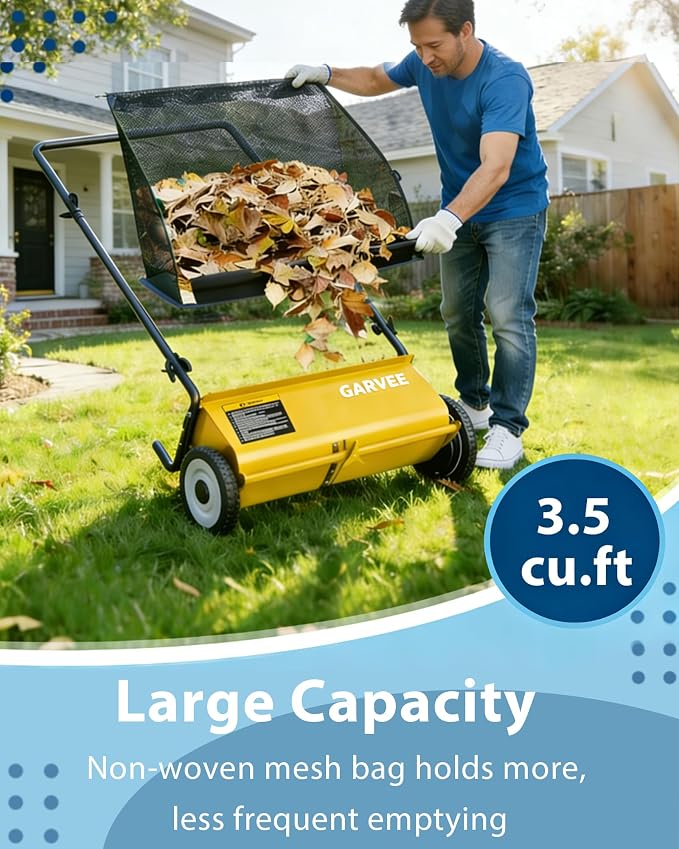 Push Lawn Sweeper, 26 Inch Extra-Wide 4-Brush System, 7 cu.ft. Mesh Bag, Heavy Duty Steel Frame, Height-Adjustable Yard & Garden Cleaner for Leaves and Grass, Yellow