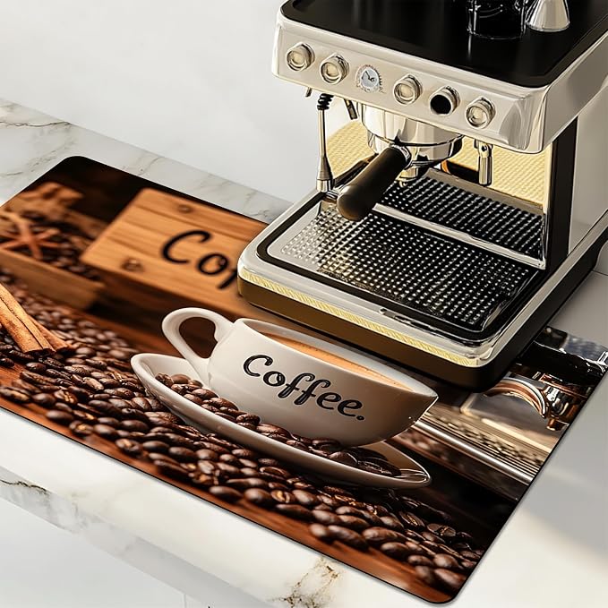 Dish Drying Mat Large Coffee Mat Absorbent Drying Mat for Kitchen Counter Coffee Bar Accessories 32"x 17", Coffee and Beans 2