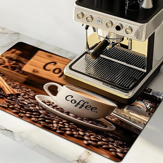 Dish Drying Mat Large Coffee Mat Absorbent Drying Mat for Kitchen Counter Coffee Bar Accessories 32"x 17", Coffee and Beans 2