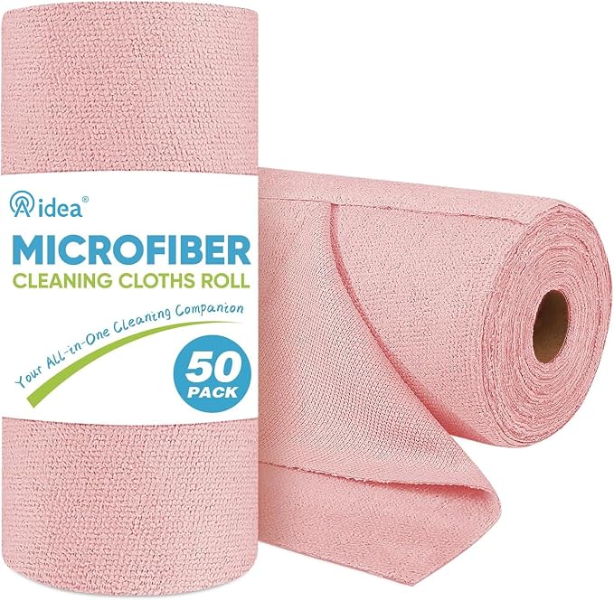 AIDEA Microfiber Cleaning Cloth Roll-50PK, Cleaning Rags 11.5"×11.5", Pink | Tear Away Reusable Paper Towels, Shop Rags, Microfiber Towels for Cars, Lint Free Cloth for Home, Kitchen, Garage Shop