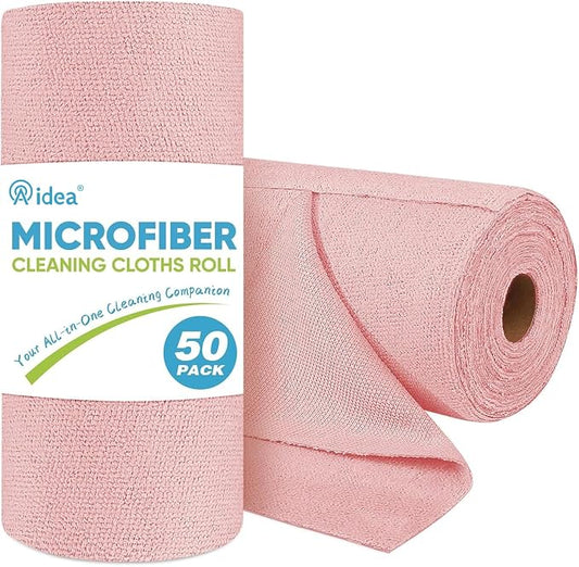 AIDEA Microfiber Cleaning Cloth Roll-50PK, Cleaning Rags 11.5"×11.5", Pink | Tear Away Reusable Paper Towels, Shop Rags, Microfiber Towels for Cars, Lint Free Cloth for Home, Kitchen, Garage Shop