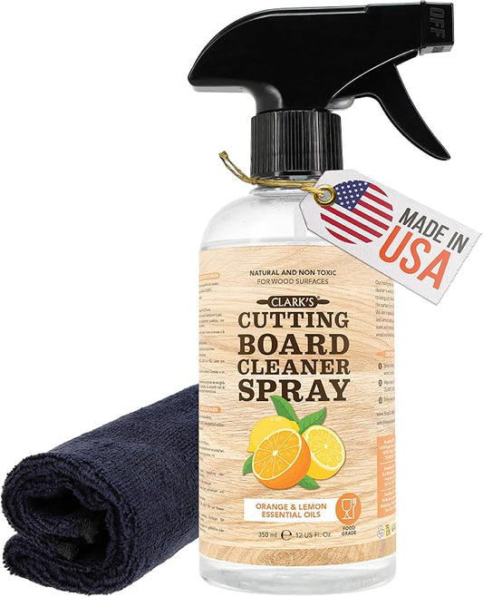CLARK'S Natural Cutting Board Spray Cleaner 12oz, with Microfiber Cloth, for Wood Countertop – Pure Ingredients Filtered Water, Distilled Vinegar, Castile Soap, Lemon & Orange Citrus Oil Extracts