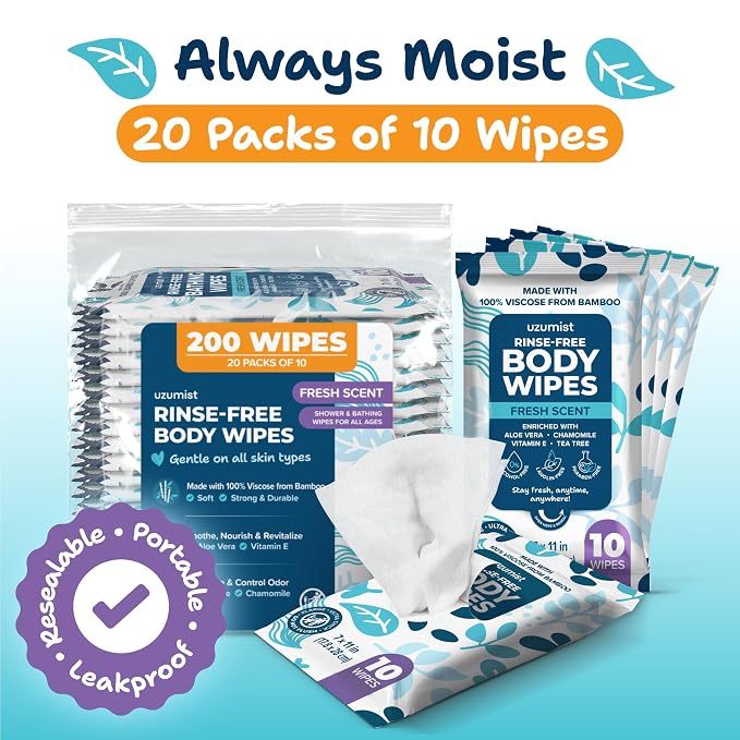 Body Wipes For Adults Bathing No Rinse - 200XL Thick Shower Wipes For Adults No Rinse, 20 Packs of 10 Adult Wipes for Men, Women, Personal Cleansing, Daily Hygiene, Bedridden & Elderly Care, Travel