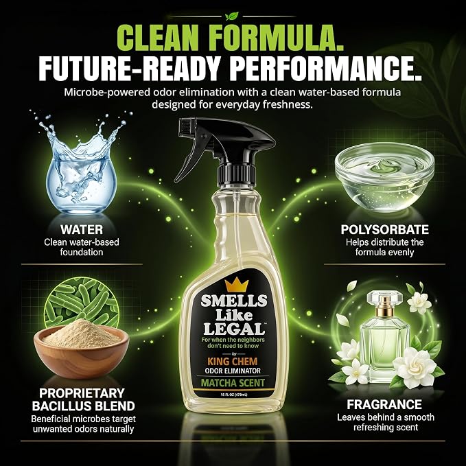 Smells Like Legal™ Matcha Odor Eliminator Spray - Powerful Commercial-Grade - Eliminates Smoke, Pet & Food Odors at source - Fabric-Safe, Non-Staining - Biodegradable Air & Fabric Freshener -16 oz | Commercial-Grade, Eliminates Smoke, Pet & Food Odors,...