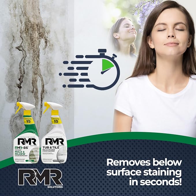 RMR Complete Mold & Mildew Stain Eraser System – No-Scrub Tub & Tile Cleaner + Instant Mold & Mildew Stain Remover Spray, Indoor/Outdoor Bathroom, Shower, Siding, & Deck Cleaning Kit, 2–32 Oz Bottles