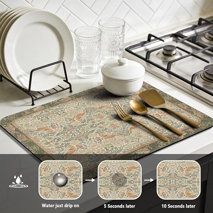Dish Drying Mat for Kitchen Counter 17x32 Inch, Boho Quick Dry Coffee Mat | Made of super absorbent diatomite that quick dries dishes, coffee machine & sink area. Non-slip rubber base for countertop