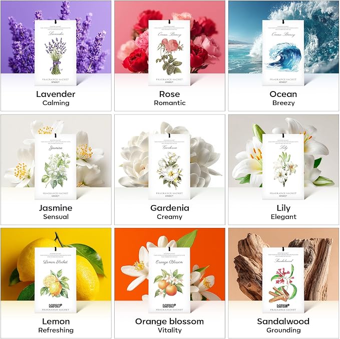 MYARO 12 Pack Assorted Floral Scented Sachets - Lavender, Rose, Jasmine, Ocean, Gardenia & Lily | Drawer, Closet & Car Air Freshener Bags | Multi-Scent Home Fragrance Gift Set