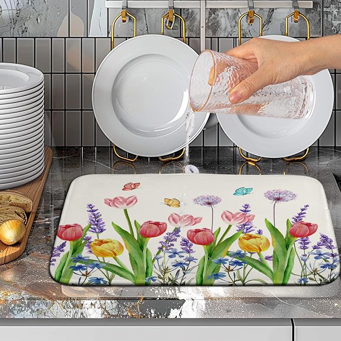Spring Floral Dish Drying Mat Tulip Lavender Flower Dishes Pad Absorbent Microfiber Dish Draining Mat Washable Medium Dish Drainer Rack Mats for Kitchen Counter 16"x18"