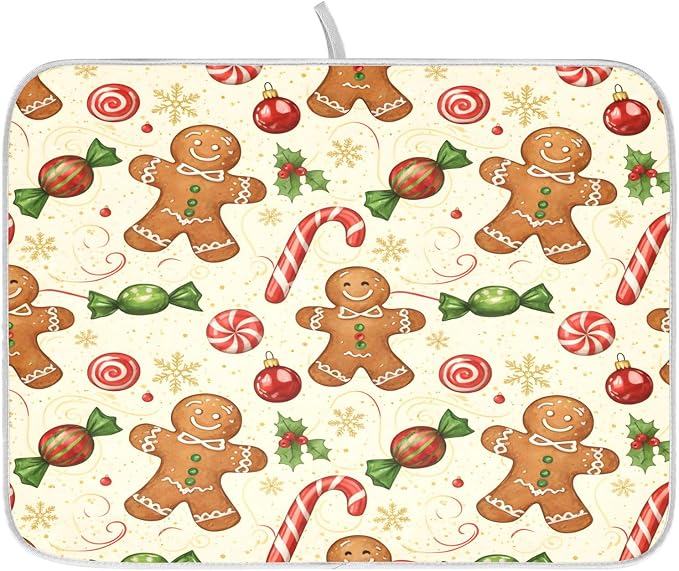 Christmas Gingerbread Cookie Man Sugar Dish Drying Mat for Kitchen Counter Absorbent Microfiber Small Drying Pad Dish Mats for Kitchen Countertops 16 x 18 Inch