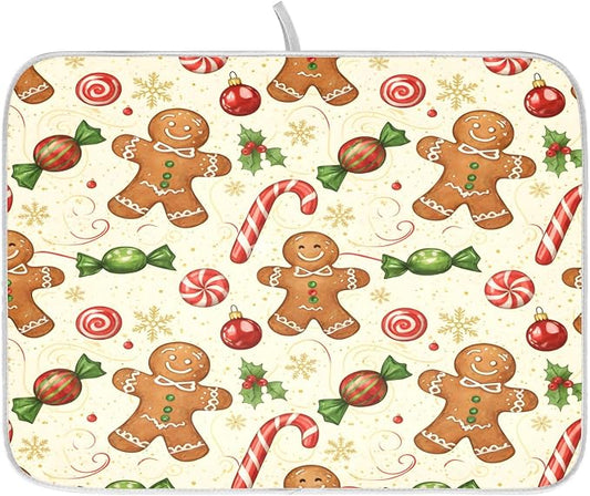 Christmas Gingerbread Cookie Man Sugar Dish Drying Mat for Kitchen Counter Absorbent Microfiber Small Drying Pad Dish Mats for Kitchen Countertops 16 x 18 Inch