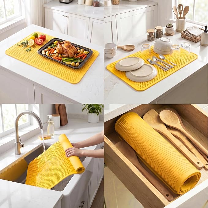 MicoYang Silicone Dish Drying Mat for Multiple Usage,Easy clean,Eco-friendly,Heat-resistant Silicone Mat for Kitchen Counter or Sink,Refrigerator or Drawer Liner Yellow 4XL 32 inches x 18 inches
