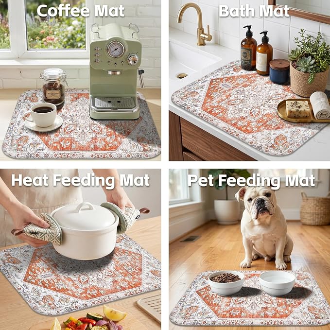 Boho Dish Drying Mat for Kitchen Counter,Vintage Orange Modern Farmhouse Absorbent Microfiber Reusable Washable Non-Slip Dish Drainer Draining Mats Dishes Pad for Kitchen Decor 18x16 Inch