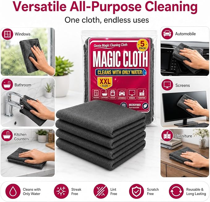 Magic Cleaning Cloth 5-Pack, Microfiber Cleaning Cloths 16x12 Inch, Lint Free Reusable Cleaning Rags for Glass, Window, Kitchen, Stainless Steel, Cars & Screens，5PCS