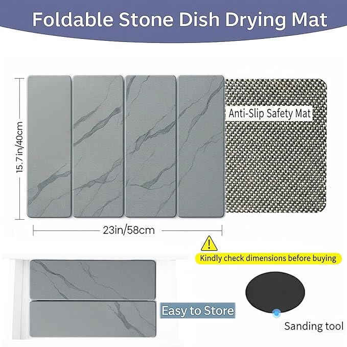 Stone Drying Mat for Kitchen Counter, 24"×16" | Diatomaceous Earth Dish Drying Mat, Absorbent Drying Stone Mat for Modern Kitchen Countertop