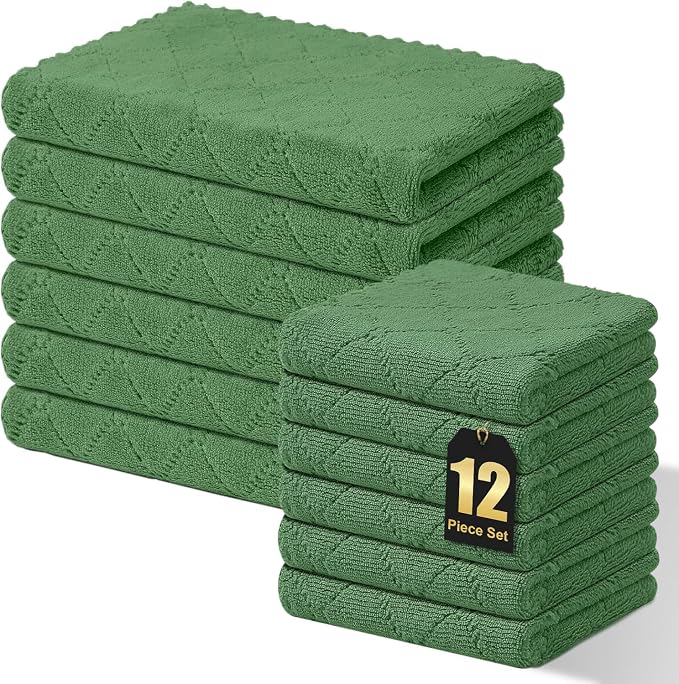 Homaxy Kitchen Towels and Dishcloths Set, 10 x 10 and 13 x 19 Inches, Set of 12 Super Soft and Absorbent Coral Velvet Kitchen Towels, No Lint and Nonstick Oil Fast Drying Dish Towel, Grass Green