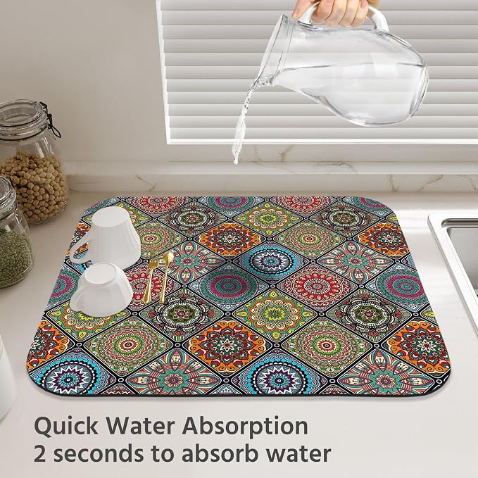 Dish Drying Mat for Kitchen Counter 18x24 Inch, Super Absorbent Dish Drainer Mat, Decorative Microfiber Dishes Drying Pad-Large(Plaid Boho)