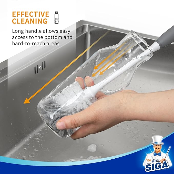 MR.SIGA Long Handle Bottle Brush, Non-Scratch Water Bottle Brush Cleaner | 2 pack bottle brushes for cleaning, drinking glasses brush with non slip handle, 5.8 cm(2.3 inch) wide brush head
