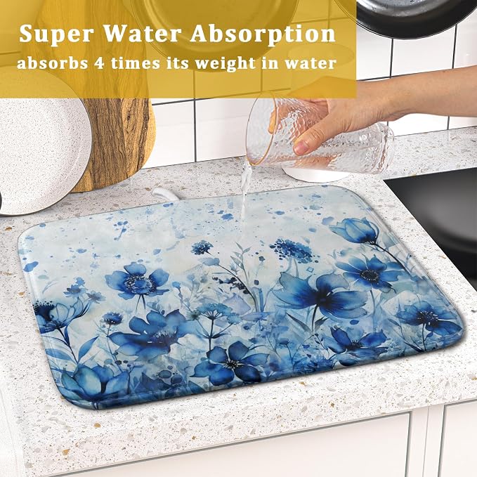 Giwawa Blue Floral Dish Drying Mat for Kitchen Counter Watercolor Leaves Dishes Drainer Rack Mat Absorbent Microfiber Dish Draining Pad 16x18 Inch