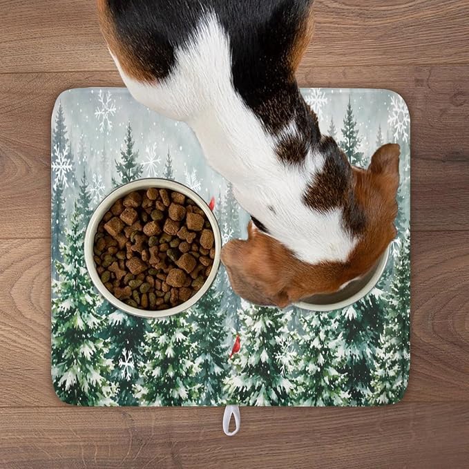 Winter Forest Snowflake Dish Drying Mat for Kitchen Counter 16"x18" | Christmas Green Pine Trees Birds Dish Drainer Mat Rustic Winter Holiday Absorbent Washable Drying Pad