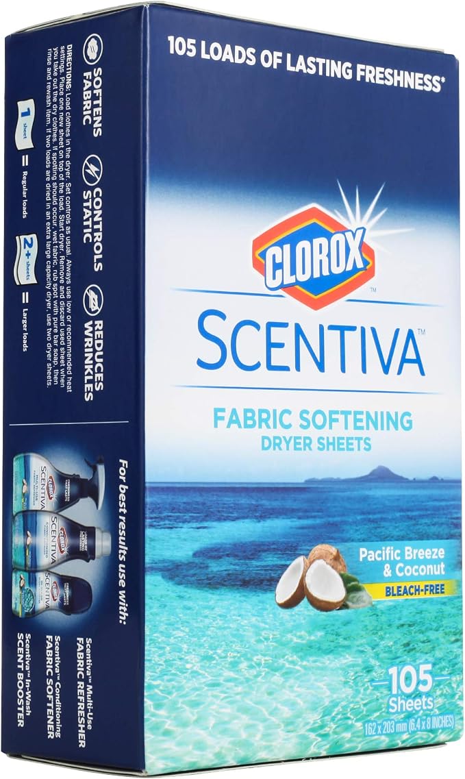 Clorox Scentiva Fabric Softener Dryer Sheets, Pacific Breeze & Coconut Scent - Wrinkle Reducing Scented Softening Laundry Dryer Sheets for Great Smelling Clothes, 105 Count