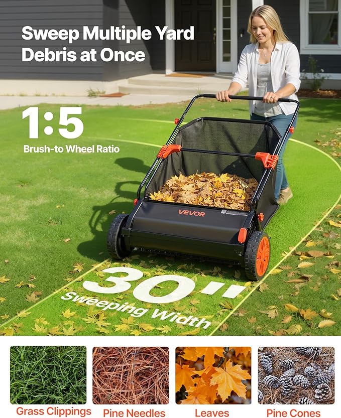 VEVOR Push Lawn Sweeper 30 in Leaf & Grass Collector 12 cu. ft. Hopper Bag | Heavy Duty Yard Sweeper with Adjustable Brush Height, Spinning Brushes, Rubber Wheels for Leaves Grass Cleanup, Black/Orange