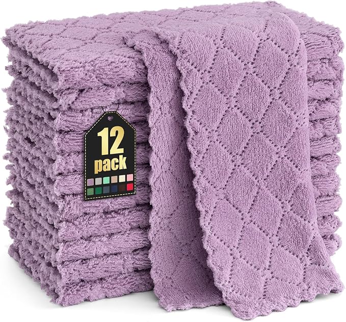 Homaxy 12 Pack Kitchen Dish Cloths (10 x 10 Inches, Purple), Super Soft and Absorbent Coral Velvet Dish Towels, Nonstick Oil Fast Drying Microfiber Cleaning Cloth, No Lint Household Dishcloths