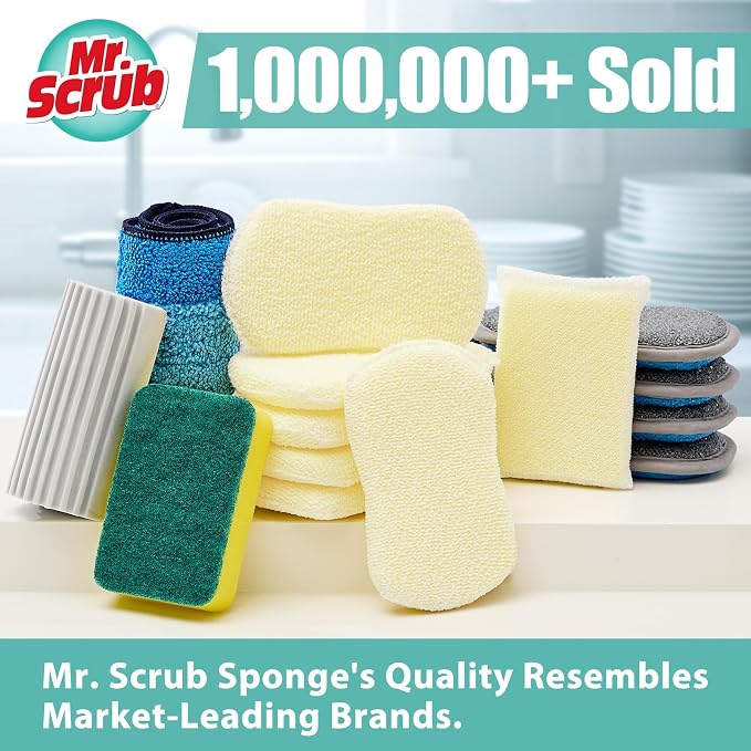 Mr. Scrub Sponges Kitchen Scrub Dish Sponge Scouring Pad, 6 Pack Cleaning Brush Scrubber Supplies for Soap, Dishwashing Dinnerware Sets Pan Pot Glass Dishwasher Sink Bathroom Towels Cloth Rags Holder