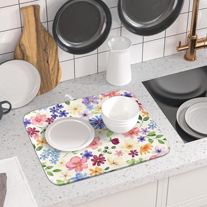 Spring Floral Dish Drying Mat for Kitchen Counter 16x18 Easter Green Pink Purple Blue Cute Flower Print Absorbent Reversible Microfiber Drying Mats Kitchen Countertop Protector Dishes Drainer Pad