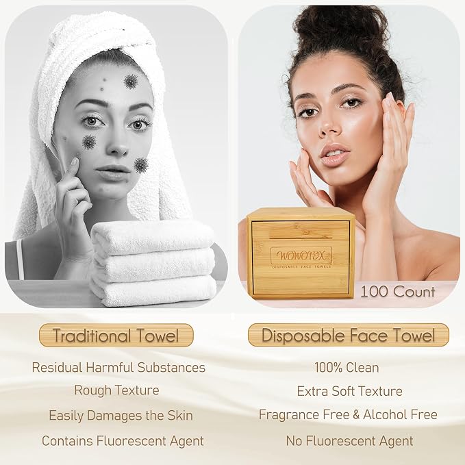 WOWOTEX Luxe Bamboo Towel Container (Bamboo Box Towel Holder) with Disposable Face Towels Biodegradable Large Dry Wipes 100 Count Extra Thick Soft Clean Facial Towels for Facial Cleansing