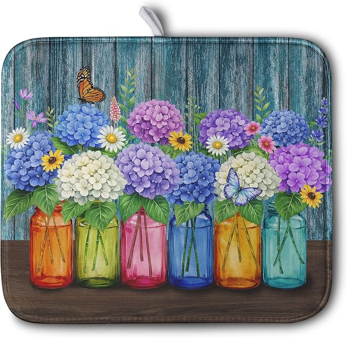Hydrangea Dish Drying Mat Spring Summer Floral Jars Kitchen Drying Mats for Countertops Vintage Flower Vases Dish Draining Mat Microfiber Absorbent Dish Rack Pad 16x18 Inch