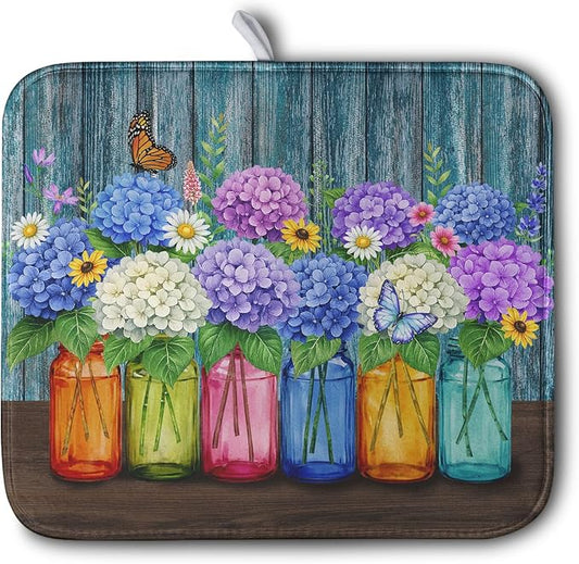 Hydrangea Dish Drying Mat Spring Summer Floral Jars Kitchen Drying Mats for Countertops Vintage Flower Vases Dish Draining Mat Microfiber Absorbent Dish Rack Pad 16x18 Inch