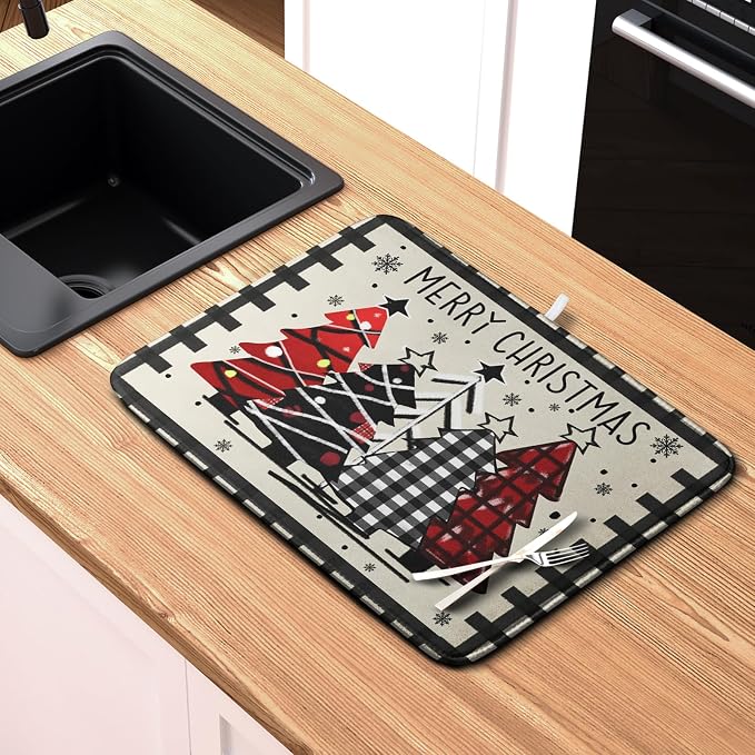 Christmas Trees Kitchen Dish Drying Mat 18x24 Inch Merry Christmas Black White Buffalo Plaid Dish Drainer Mat Absorbent Reversible Microfibe Drying Dish Pad for Winter Kitchen Counter Decor